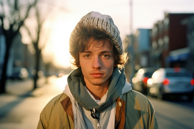 Ein junger Mann mit Mütze und Schal steht auf einer Stadtstraße