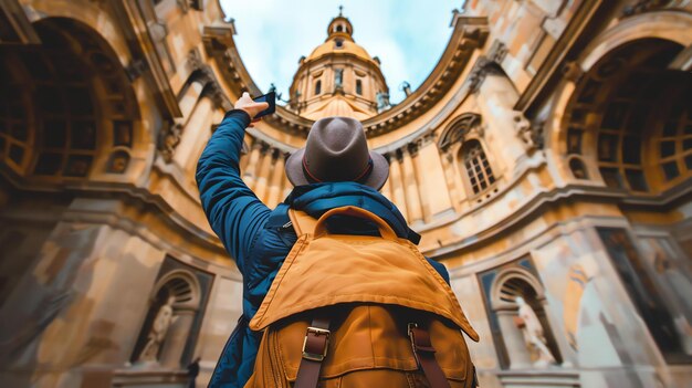 Ein junger Mann mit Rucksack und Hut steht vor einem großen Gebäude und macht ein Foto mit seinem Handy