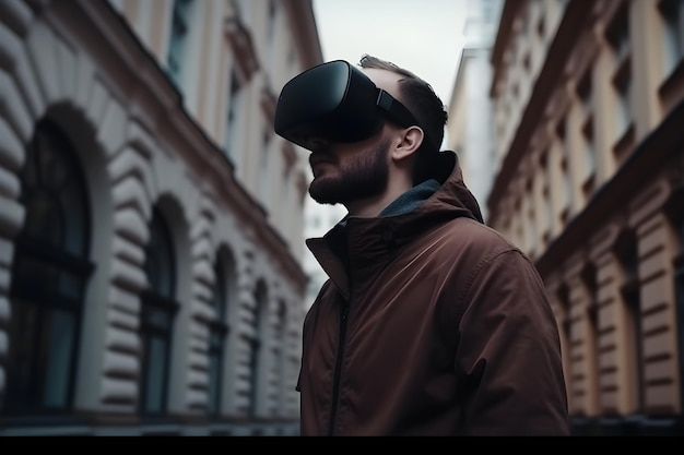 Ein junger Mann mit Virtual-Reality-Headset in der Stadt