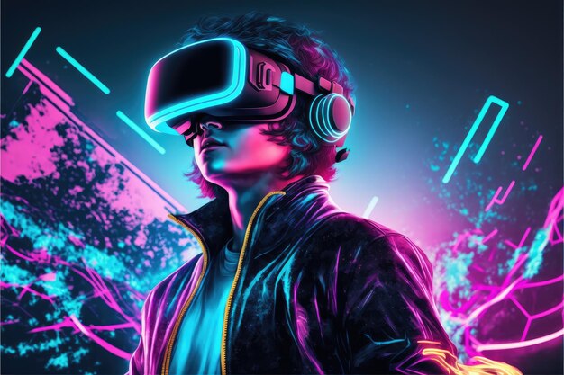 Ein junger Mann mit VR-Brille, der Videospiele mit einem Virtual-Reality-Headset spielt