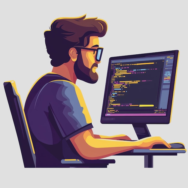 Ein junger Mann programmiert auf einem Computerbildschirm mit farbenfrohen Programmiercodes, die eine kreative und moderne Arbeitsumgebung widerspiegeln