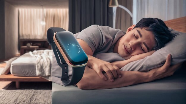 Ein junger Mann schläft im Bett und trägt eine Smartwatch oder einen Schlaf-Tracker