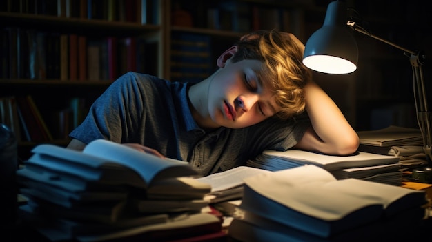 Ein junger Mann schläft müde in einem Haufen Bücher