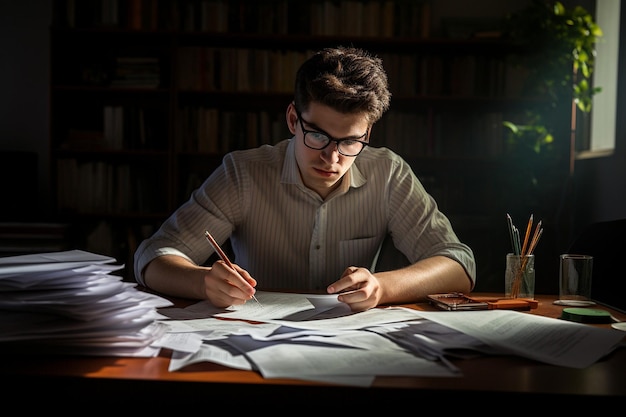 Foto ein junger mann sitzt am schreibtisch und macht papierarbeit