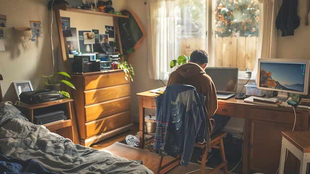 Ein junger Mann sitzt an seinem Schreibtisch in seinem Heimbüro und arbeitet an seinem Laptop