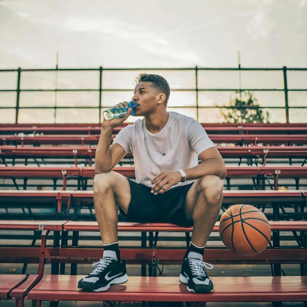 Foto ein junger mann sitzt auf den tribünen eines basketballfeldes und trinkt wasser