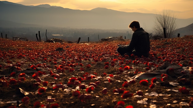 Ein junger Mann sitzt auf einem Feld voller roter Mohnblumen