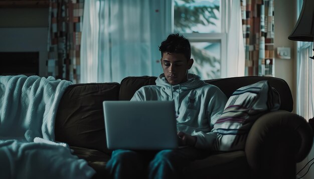 Ein junger Mann sitzt auf einer Couch mit einem Laptop vor ihm