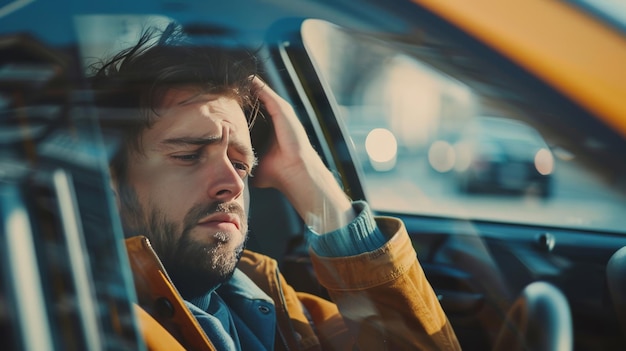 Ein junger Mann sitzt in seinem Auto, sehr verärgert und gestresst nach einem schweren Fehler und bewegt sich im Stau