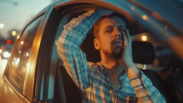Ein junger Mann sitzt in seinem Auto, sehr verärgert und gestresst nach einem schweren Fehler und bewegt sich im Stau