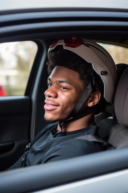 Ein junger Mann sitzt in seinem Auto und trägt einen mit generativer KI erstellten Helm