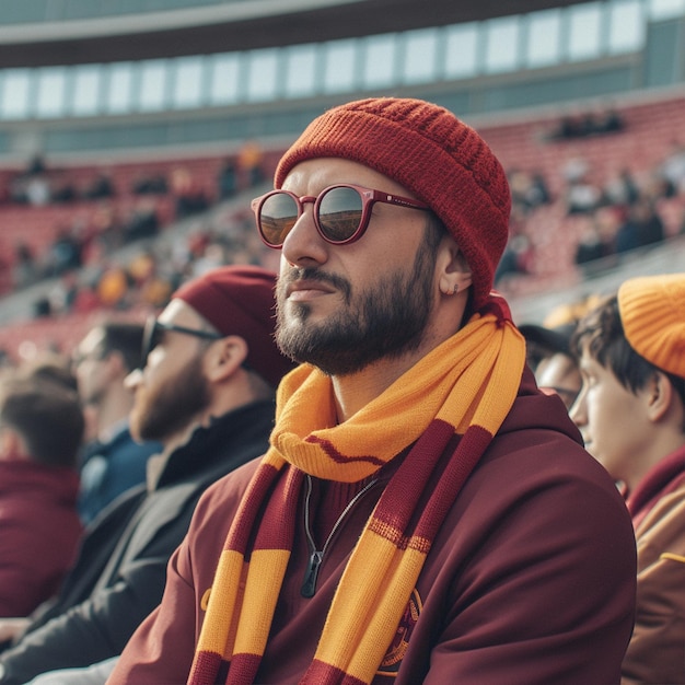 Ein junger Mann sitzt mit Torhütern und roter Mütze im Stadion