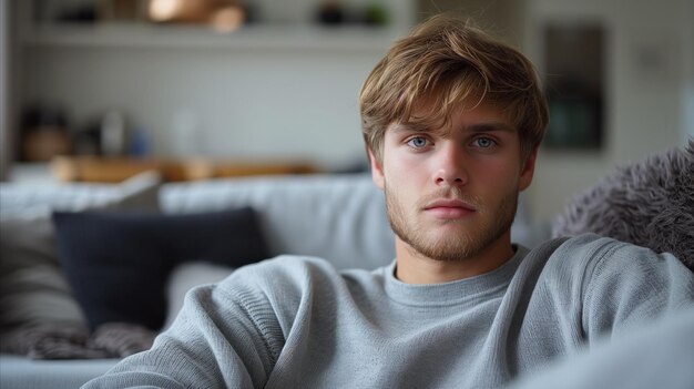 Ein junger Mann sitzt vor dem Sofa