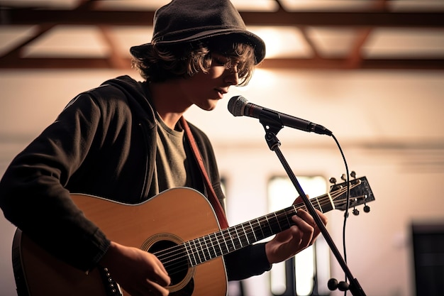 Ein junger Mann spielt Gitarre und singt in ein Mikrofon