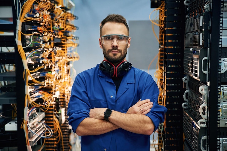Foto ein junger mann steht mit gekreuzten armen und arbeitet mit internetgeräten und kabeln im serverraum