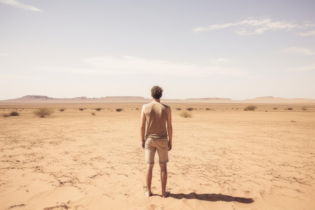 Ein junger Mann steht mitten in der Wüste und blickt auf den Horizont. Männlicher Tourist steht vor einem Sandstrand und beobachtet das Meer. Rückansicht, Ganzkörper-KI-generiert