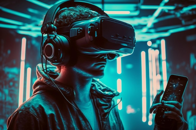 Ein junger Mann taucht in Virtual-Reality-Gaming mit VR-Brille Generative AI ein