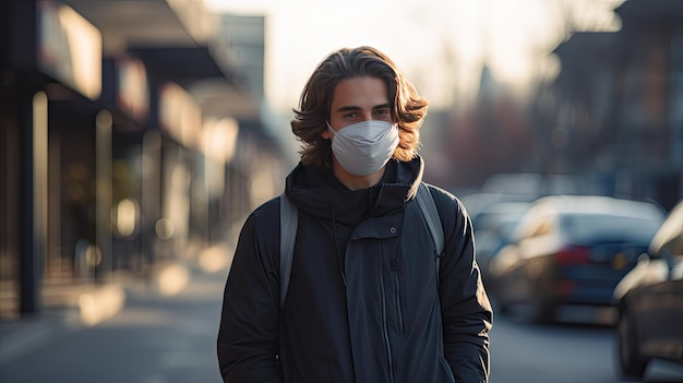 Ein junger Mann trägt eine N95-Maske zum Schutz vor PM 25-Staub und Luftverschmutzung. Dahinter fahren Autos vorbei und es fließt ein dünner Bach