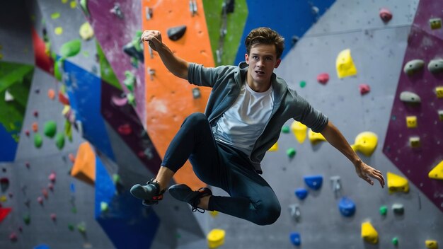 Ein junger Mann trainiert im Kletterstudio