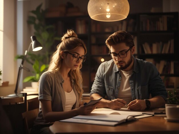 Ein junger Mann und eine junge Frau lesen einen Bericht in einem gemütlichen Lesesaal, während sie von zu Hause aus arbeiten