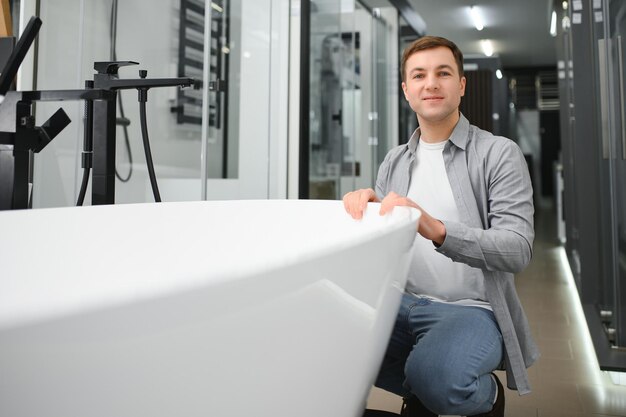 Ein junger Mann wählt ein Bad und ein Waschbecken