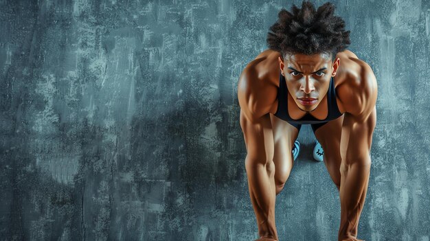 Ein junger, muskulöser afroamerikanischer Mann in Sportkleidung ist bereit zu laufen.