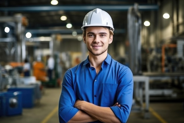 Foto ein junger, muskulöser fabrikarbeiter mit einem blauen hut lächelt in die kamera, während er in einem fakti steht