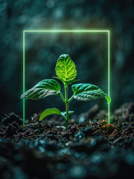 Ein junger Pflanzensprossen, der aus dem Boden auftaucht und von einem surrealistischen Neonlichtrahmen hervorgehoben wird