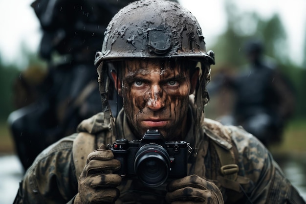 Foto ein junger professioneller militärischer fotograf macht ein foto mit der kamera