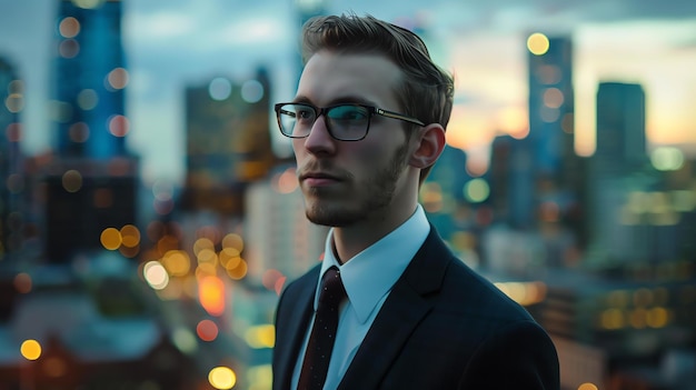 Ein junger Profi mit Brille und Anzug steht auf einem Dach mit Blick auf die Stadt
