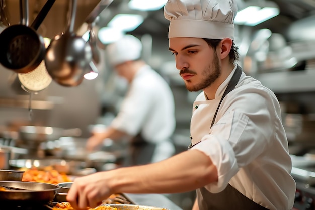 Ein junger Profikoch, der in der Hotelküche arbeitet