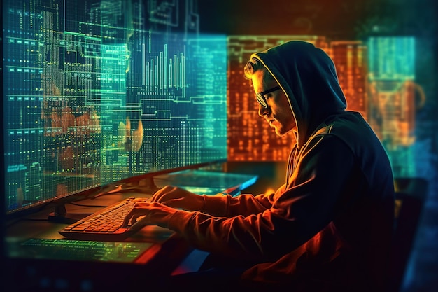 Foto ein junger programmierer, der in einem büro an einem computer arbeitet und computerprogramme erstellt, stilisiert den digitalen hintergrund der generation ai