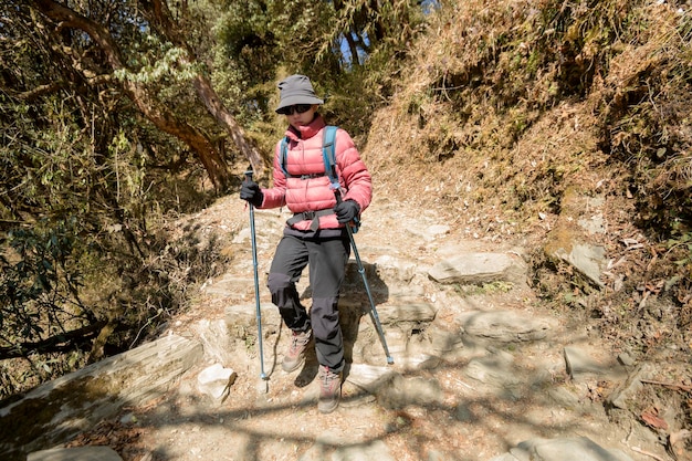 Ein junger Reisender, der auf dem Waldweg Nepal wandert