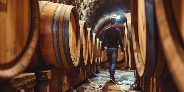 Ein junger Reisender spaziert in Frankreich durch einen antiken Keller, der mit Holzfässern und Wein gefüllt ist