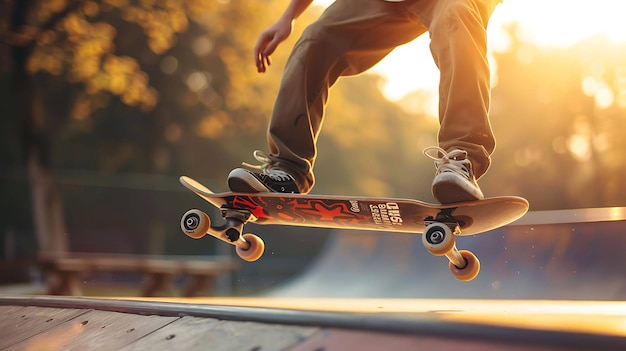 Ein junger Skateboarder fährt in den Sonnenuntergang