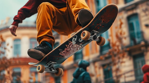 Ein junger Skateboarder springt über ein Hindernis in der Stadt, er trägt lässige Kleidung und einen Helm, das Skateboard ist in der Luft.