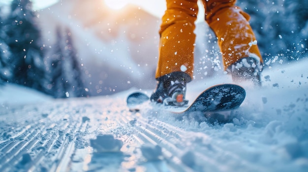 Ein junger Snowboarder fährt mit hoher Geschwindigkeit einen alpinen Berg hinunter