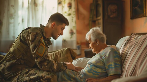 Ein junger Soldat in Uniform spricht zu Hause mit seiner älteren Großmutter.