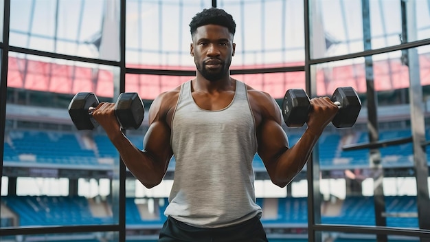 Ein junger, starker afrikanisch-amerikanischer Sportler trainiert mit Hanteln während eines Trainings im Stadtstadion