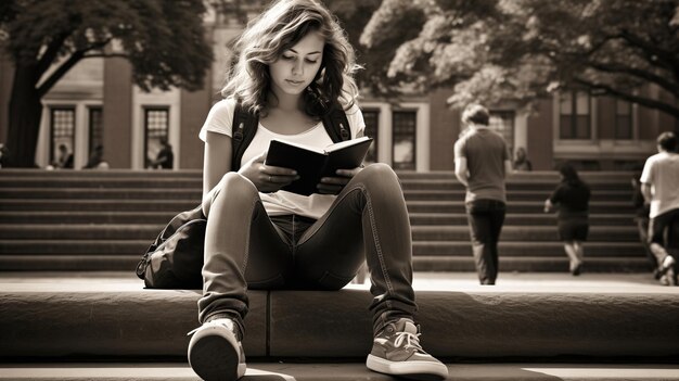 Foto ein junger student außerhalb des universitätscampus freut sich auf den beginn des neuen semesters