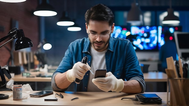 Ein junger Techniker benutzt Druckluft, um das Innere eines schmutzigen Smartphones in der Werkstatt zu reinigen