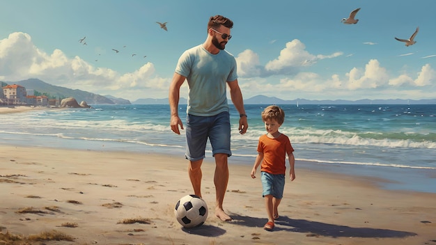 Ein junger Vater und sein kleiner Sohn spielen Fußball am Strand am sonnigen Sommertag.