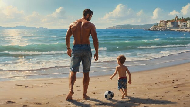 Ein junger Vater und sein kleiner Sohn spielen Fußball am Strand am sonnigen Sommertag.