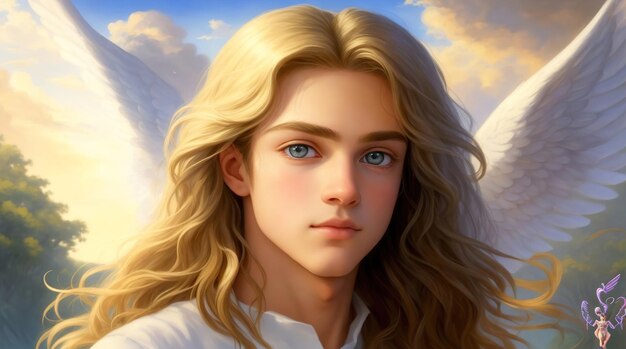 Ein junger wunderschöner Amorjunge vor dem Hintergrund einer himmlischen Landschaft, die von KI generiert wurde