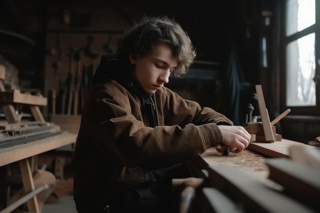 Ein junger Zimmermann arbeitet mit Holz in einer Werkstatt, die mit generativer AI erstellt wurde