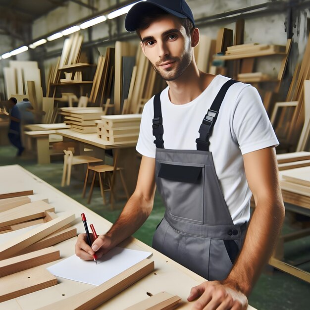 Ein junger Zimmermann arbeitet mit Holzplatten in einer Möbelwerkstatt