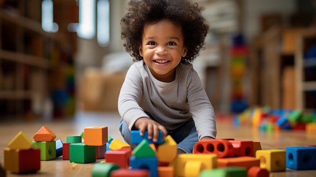 Ein junges afroamerikanisches Kleinkind, das mit bunten Holzklötzchen spielt