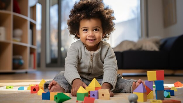 Ein junges afroamerikanisches Kleinkind, das mit bunten Holzklötzen spielt