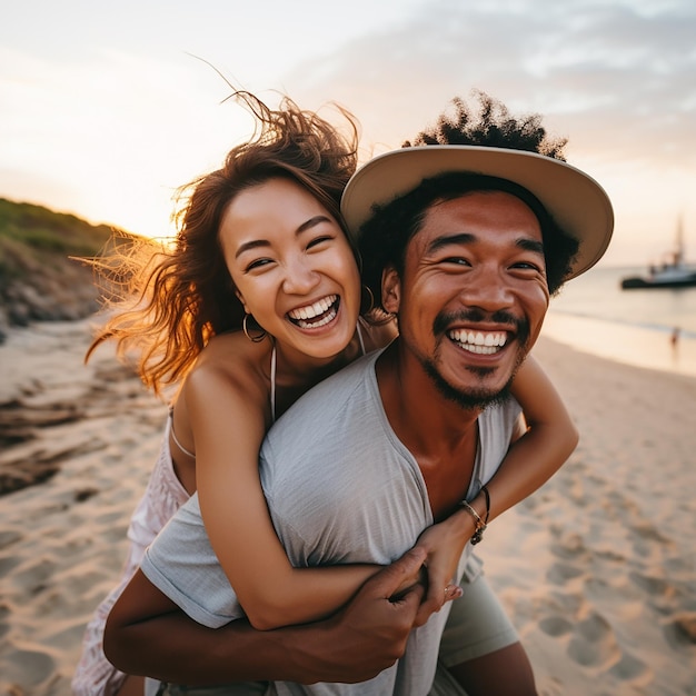 Ein junges asiatisches Paar genießt einen Urlaub am Meer und am Strand. Das Mädchen sprang auf den Rücken des Mannes.