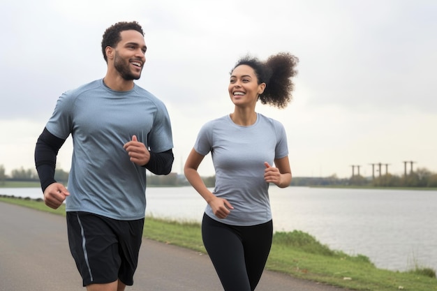 Ein junges athletisches Paar, das mit generativer KI für einen Lauf geschaffen wurde